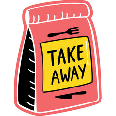 Pink Paper Take Away Food Bag With Yellow Label And Black Text TAKE AWAY Illustration With Fork And Knife Icon Transparent Background