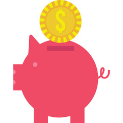 Pink Piggy Bank with Gold Coin and Dollar Sign Saving Money Concept on Transparent Background Flat Illustration