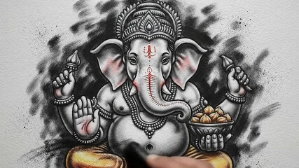 Lord Ganpati Illustration for Ganesh Chaturthi Festival India with Traditional Indian Art Style in Grayscale and Orange Accents
