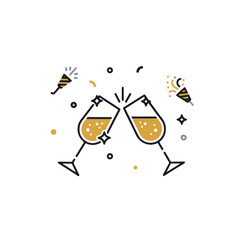 Celebratory Toast: Two Champagne Glasses Clinking with Confetti and Party Poppers.