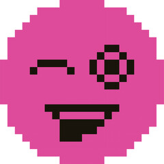 Pink Pixelated Smiley Face Winking with a Playful Expression Against a Transparent Background Simple Graphic