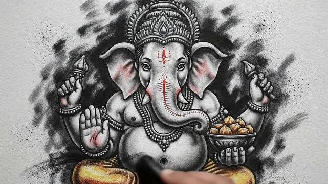 Lord Ganpati Illustration for Ganesh Chaturthi Festival India with Traditional Indian Art Style in Grayscale and Orange Accents