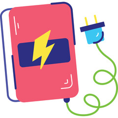 Pink rectangular object with yellow lightning bolt symbol and blue rectangle outline plugged into blue electrical outlet with green cord on a transparent background
