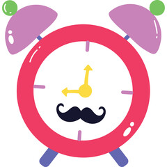 Pink Retro Alarm Clock With Black Mustache And Yellow Hands On Transparent Background Simple Illustration