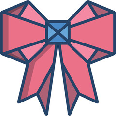 Pink Ribbon Bow Decoration With Blue Center Square And Navy Outline Isolated On White