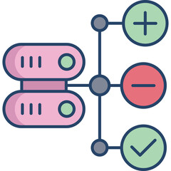 Pink server towers connected to decision making nodes showing add subtract and approve options with green and red circles on a transparent background flat vector illustration