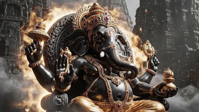 Majestic Black and Gold Lord Ganpati Sculpture with Fiery Aura and Ancient Temple Background 4K Animation for Ganesh Chaturthi Festival Celebrations and Religious - Powered by Adobe