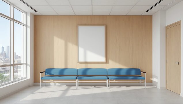 Blank poster mockup on wood wall in bright modern waiting room interior with large windows, clean layout, and city view concept. 3D Rendering - Powered by Adobe