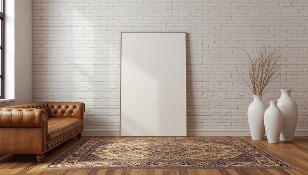 Blank picture frame on the old brick wall