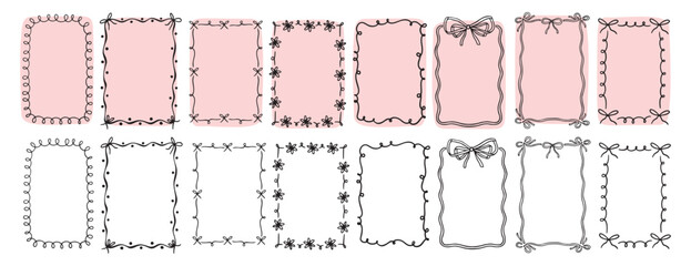 hand drawn doodle pink cute borders for wedding invitation with bows, quirky trendy whimsical frames for girl birthday, wavy borders. Empty cute line frames
