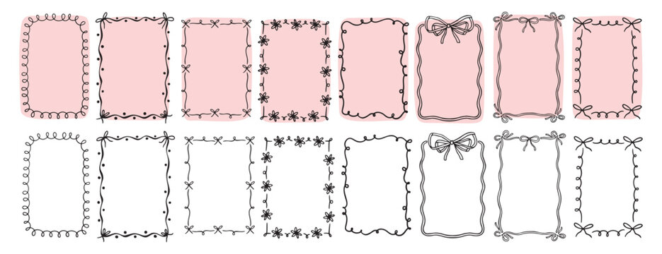 hand drawn doodle pink cute borders for wedding invitation with bows, quirky trendy whimsical frames for girl birthday, wavy borders. Empty cute line frames