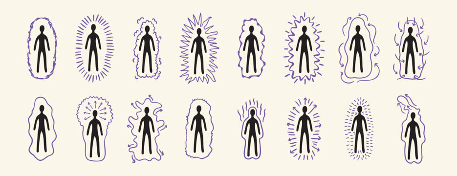 Set of human silhouettes with colorful auras in various line styles, esoteric mystical design, hand drawn