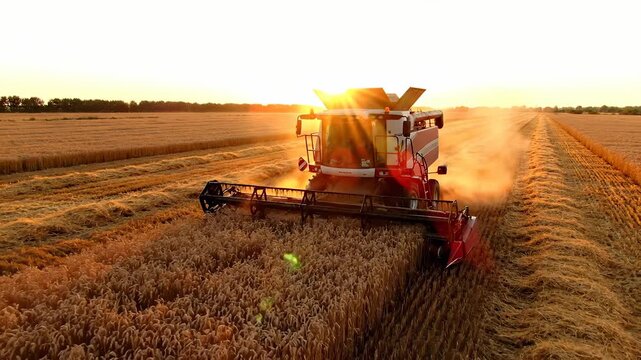 A combine harvester works diligently in the golden wheat fields as the sun sets. The combine's impressive width cuts through the wheat, showcasing a typical harvest scene.