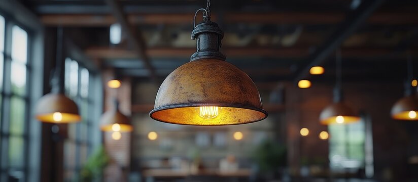 Rustic industrial pendant lamp illuminates a loft interior.