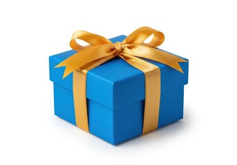 Obraz premium Bright blue square package wrapped with shiny golden ribbon and tied with a neat bow