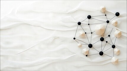 A complex network of interconnected black spheres and light-colored geometric shapes is displayed against a backdrop of flowing, textured white fabric.