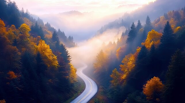 A scenic mountain road curves through a forest bathed in mist and illuminated by the soft glow of sunlight filtering through autumn leaves.