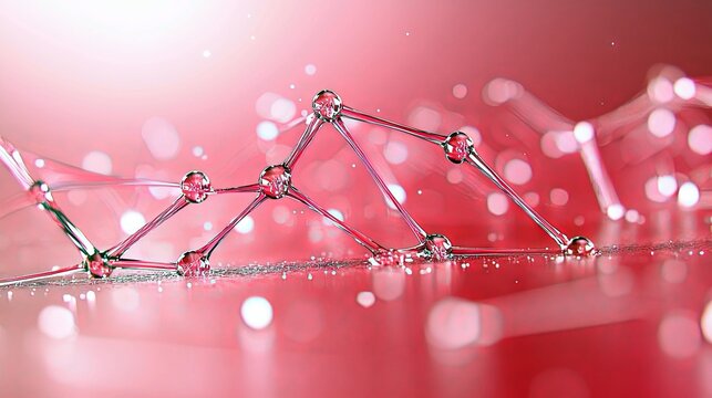 A close-up, abstract view of a delicate, interconnected network of glass spheres and rods, rendered in shades of pink and with a soft bokeh background.