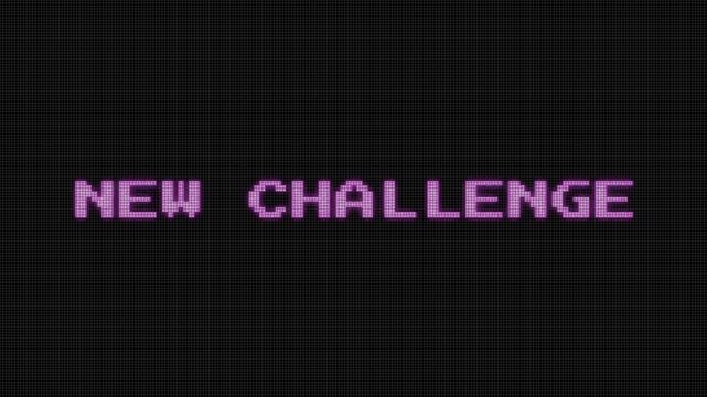 Retro 8-bit &ldquo;NEW CHALLENGE&rdquo; glitch text with pixel distortion on a dark background, perfect for gaming intros, level transitions, and dynamic challenge screens.
