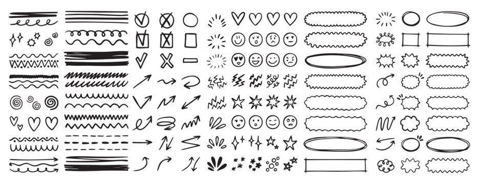 doodle underline emphasis scribble elements line hand drawn set. doodle brush shapes stroke highlight sparkle and arrow elements. childish drawing kids style.
