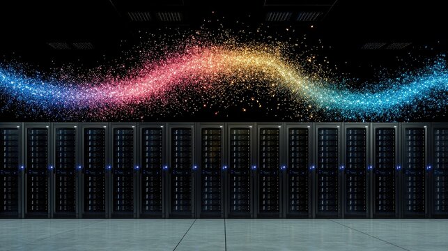 A row of server racks in a data center with a vibrant, colorful wave of light particles flowing above them.