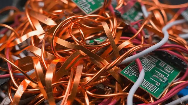 Electrical Wire Recycling: A close-up view of a tangled assortment of electrical wires and circuit boards, suggesting a story of technological transformation and environmental responsibility.