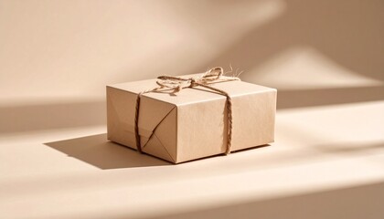 Minimalist Gift Box Wrapped with Natural Twine on Beige Background