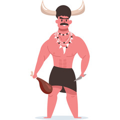 Pink Skinned Warrior Character With Horns Holding Meat And Knife Pixel Art Style Transparent Background