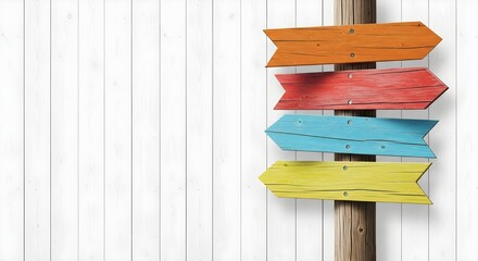 Colorful Directional Arrows on Wood Signpost Against White Wall, Guiding Choices and Paths