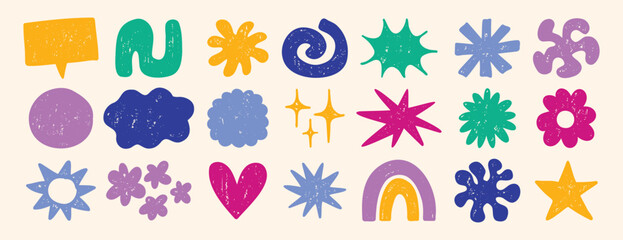Funky cute shapes and figures crayon texture set. Brutal contemporary colorful retro star figures, flower, sun. Hand drawn primitive geometric elements.