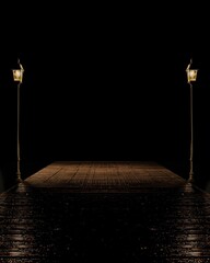 Fototapeta premium A dimly lit wooden pier stretching into the darkness with illuminated lampposts on each side