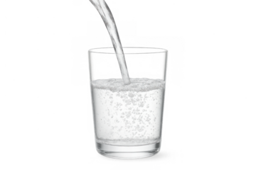 Clear water pouring into a glass, creating bubbles and splash, refreshing drink concept on transparent background