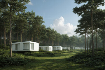 contemporary capsule homes nestled in tranquil forest setting featuring panoramic overlooking tall pines