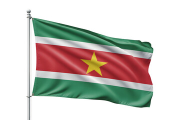 Obraz premium Vibrant Suriname flag waving proudly on flagpole, symbolizing national pride and international representation, perfect for patriotic themes.