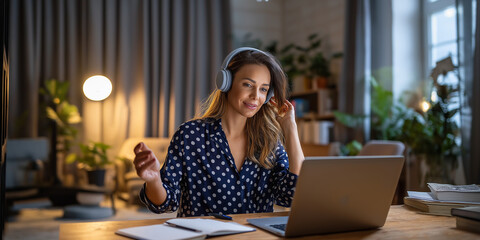 Young female with headphones working on laptop at home. Suitable for technology, remote work, education, podcasts, music, and lifestyle concepts.