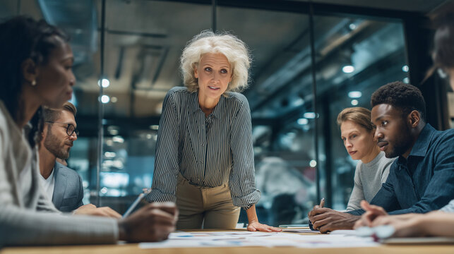 Senior woman leading office team meeting, suitable for business presentations, leadership concepts, teamwork illustrations in boardroom settings.