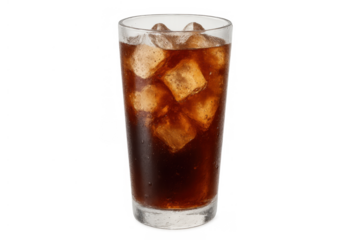 Refreshing dark cola beverage with fizz and melting ice cubes in a clear glass, providing a cool drink. Transparent background