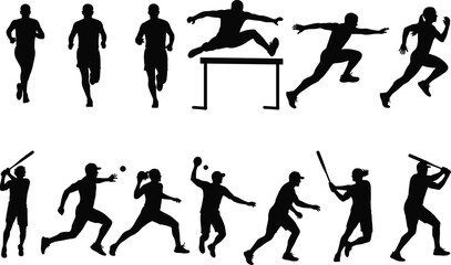Set of black silhouettes showing athletes in action, featuring runners, hurdlers, and baseball players, isolated on white background for sports design