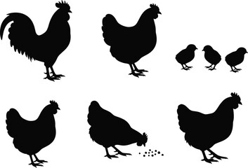 Set of black vector silhouettes featuring a rooster, hens, and baby chicks, with one hen pecking seeds, isolated on white background.