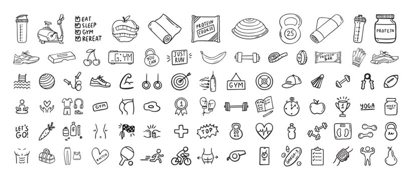 Fitness, sport and health icons doodle hand drawn set. Healthy lifestyle isolated symbols