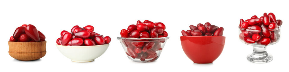 Set of ripe dogwood berries on white background