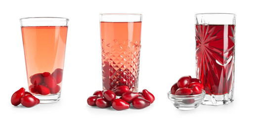 Set of fresh dogwood juice on white background