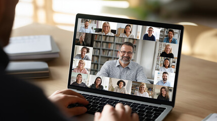 Person video chats with colleagues on laptop for virtual meeting. Suitable for remote work concepts, online collaboration, webinars, and technology.