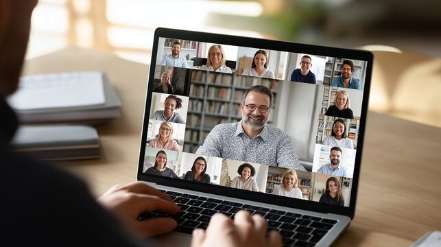 Person video chats with colleagues on laptop for virtual meeting. Suitable for remote work concepts, online collaboration, webinars, and technology.