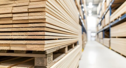 Fototapeta premium Stacks of Wooden Planks on Pallets Inside a Warehouse Ready for Shipping and Distribution