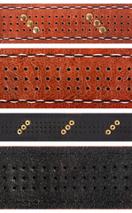 Seamless isolated photo of perforated leather straps, belts or harness with stitches and studs.