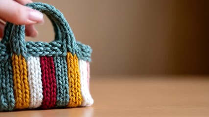 Colorful knitted bag small handcrafted purse yarn texture close up