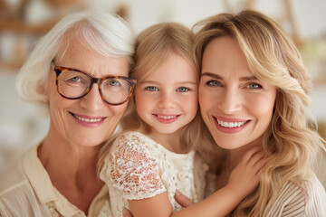 Three generations of women smiling together. Perfect for family related designs, generational artwork, mothers day promotions, and joyful family themes.