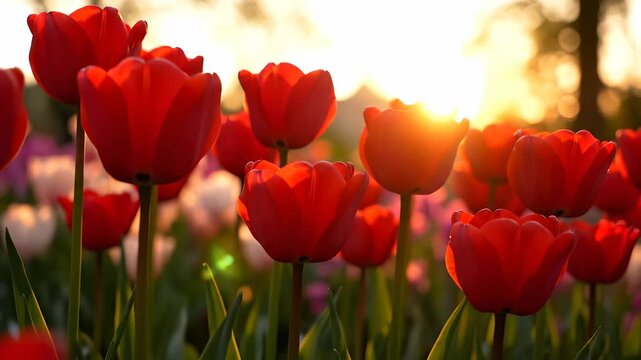 A vibrant field of red tulips sways gently in the evening breeze as the sun sets behind them, illuminating the flowers with a golden hue. These tulips stand proud, capturing the be