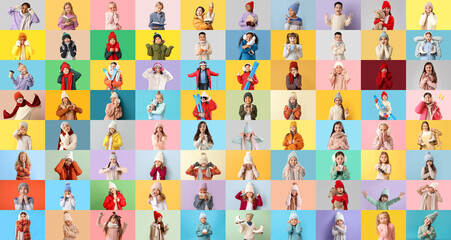 Set of children in stylish winter outfit on color background